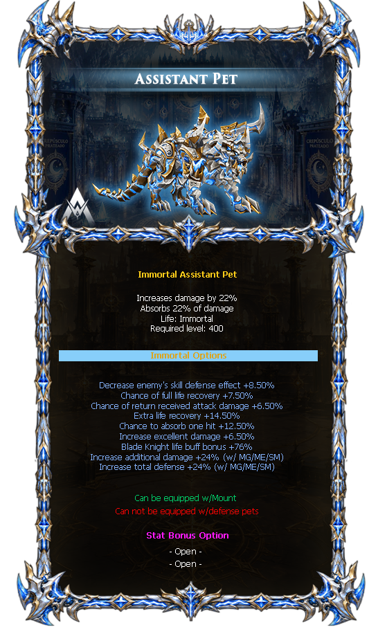 Options do Immortal Assistant Pet