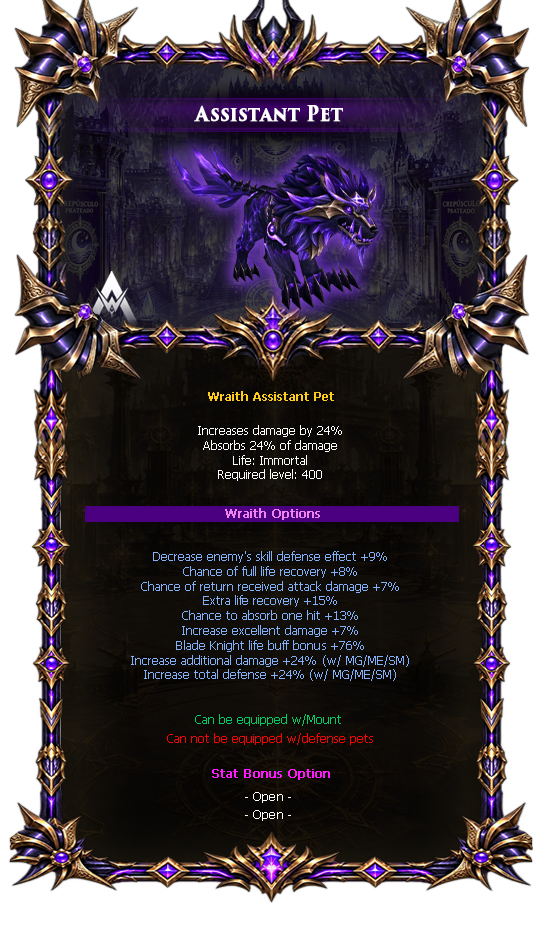Options do Wraith Assistant Pet
