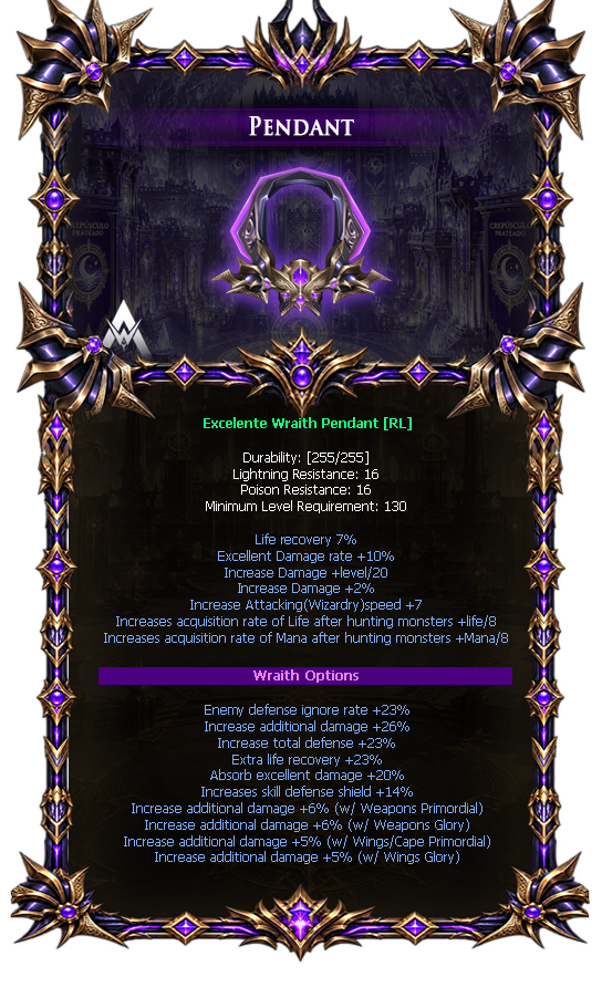 Options do Wraith Pendant